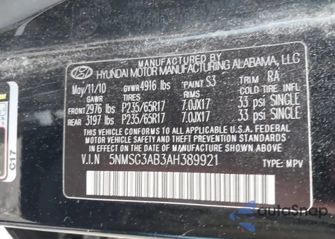 2010 Hyundai Santa Fe Gls from USA, damaged, VIN 5NMSG3AB3AH389921